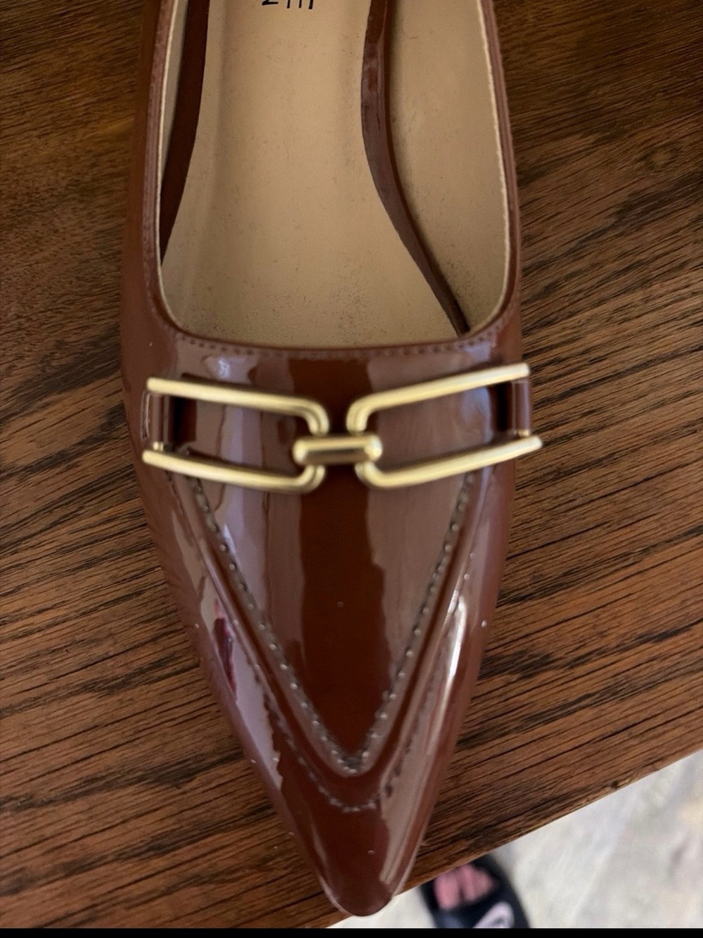 Journee Collection Brown Patent Pointed Loafer with Gold Accent